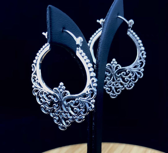 Ornamented Ajoure Silver Hoop Earrings
