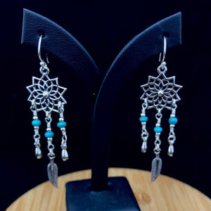 Silver Lotus Mandala Turquoise Earrings