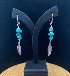 Silver Feather Turquoise Dangle Earrings  E266