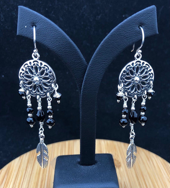 Black Onyx Silver Dream Catcher Mandala Dangle Earrings